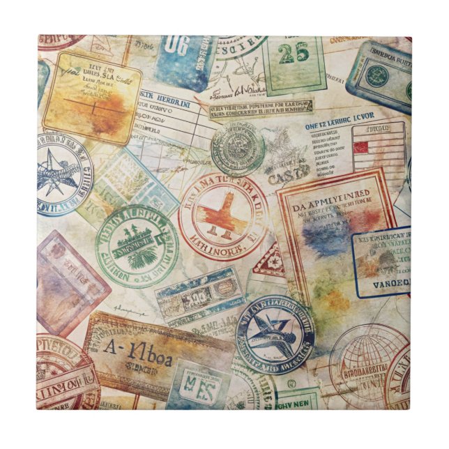 Rustic Passport Stamp Travel Pattern (6) Tile (Front)