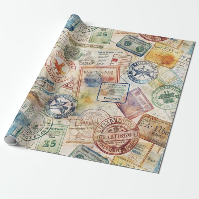 Rustic Passport Stamp Travel Pattern (6) Wrapping Paper (Unrolled)