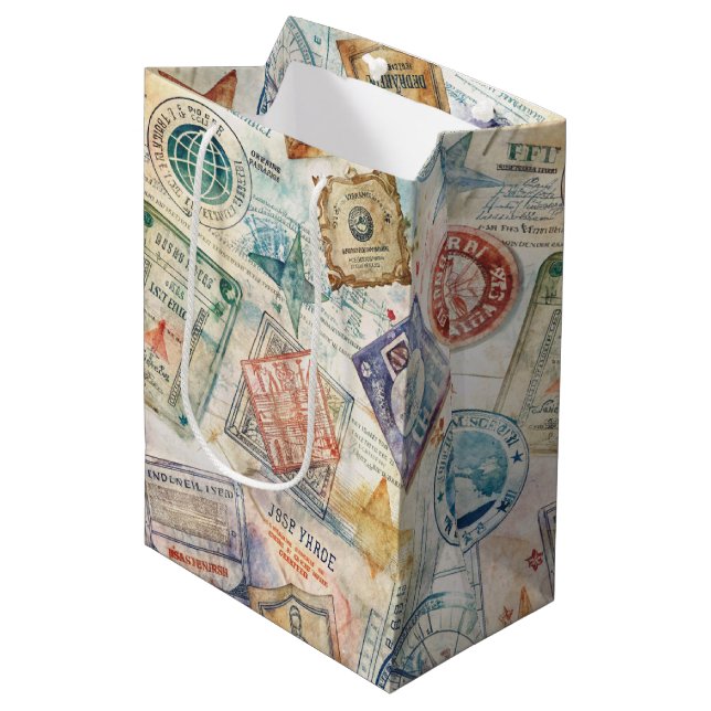 Rustic Passport Stamp Travel Pattern (7) Medium Gift Bag (Front Angled)
