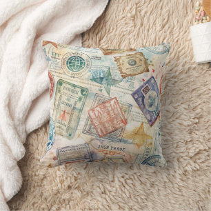 Rustic Passport Stamp Travel Pattern (7) Throw Pillow