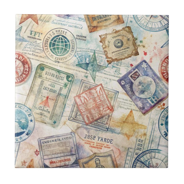 Rustic Passport Stamp Travel Pattern (7) Tile (Front)