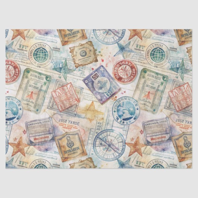 Rustic Passport Stamp Travel Pattern (7) Tissue Paper (Front)