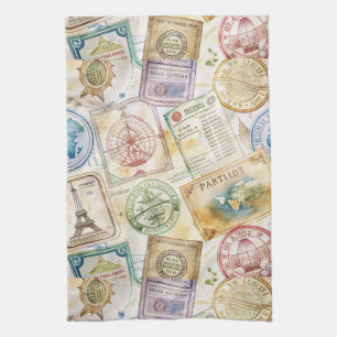 Rustic Passport Stamp Travel Pattern (8) Kitchen Towel