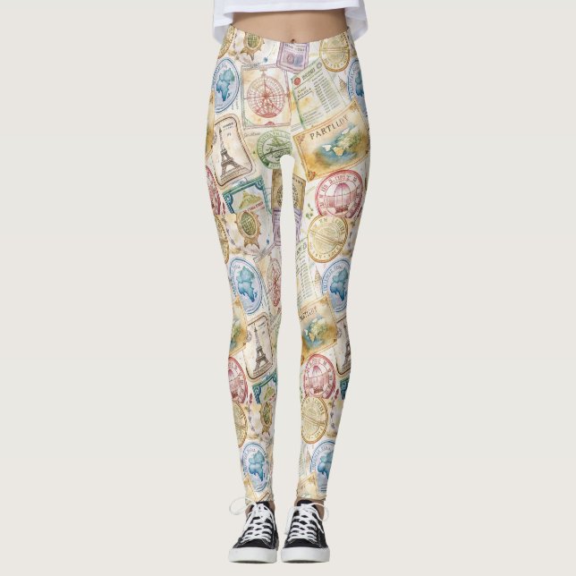 Rustic Passport Stamp Travel Pattern (8) Leggings (Front)