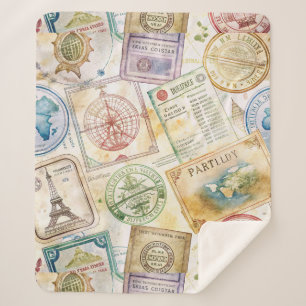 Rustic Passport Stamp Travel Pattern (8) Sherpa Blanket