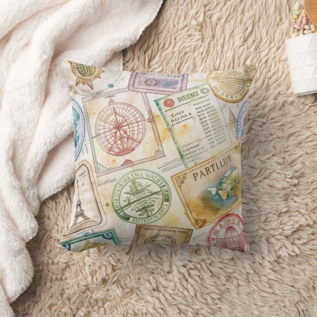 Rustic Passport Stamp Travel Pattern (8) Throw Pillow (Blanket)