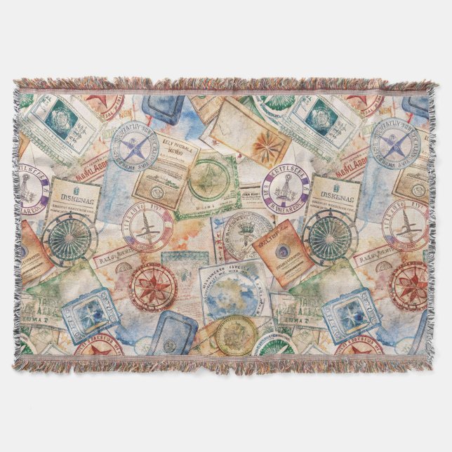 Rustic Passport Stamp Travel Pattern (9) Throw Blanket (Front)