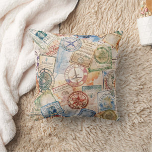 Rustic Passport Stamp Travel Pattern (9) Throw Pillow