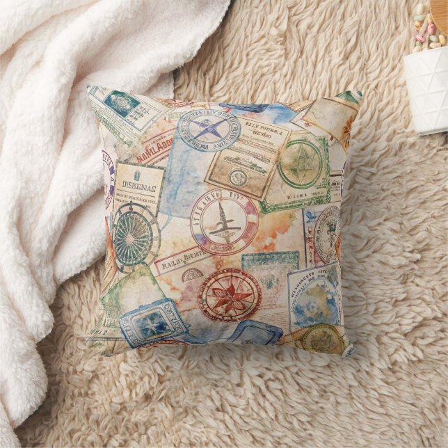 Rustic Passport Stamp Travel Pattern (9) Throw Pillow (Blanket)
