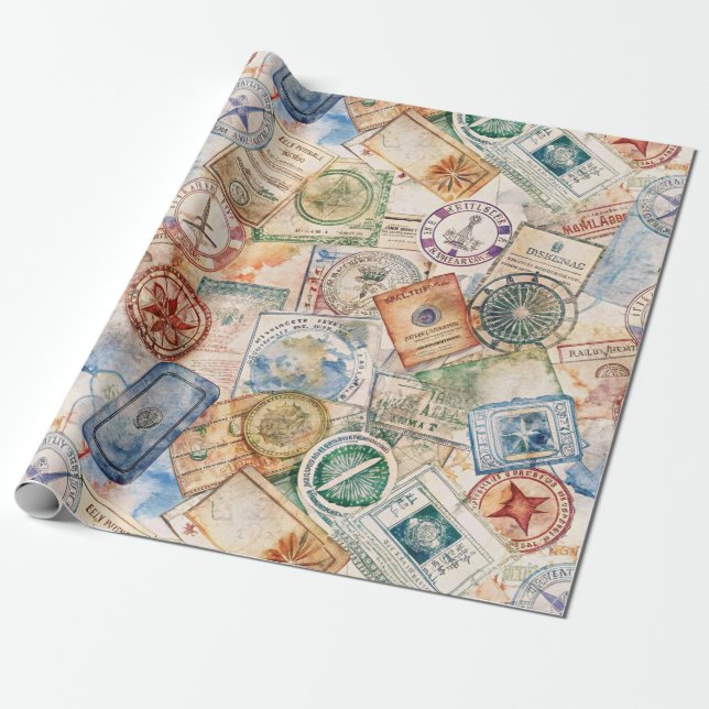 Rustic Passport Stamp Travel Pattern (9) Wrapping Paper (Unrolled)