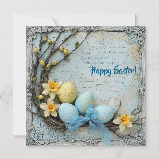 Rustic Pastel blue and yellow Easter eggs retro Holiday Card (Front)