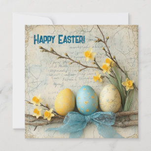 Rustic Pastel blue and yellow Easter eggs retro Holiday Card