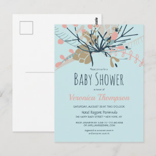 Rustic Pastel Blue Botanical Baby Shower Invite Postcard
