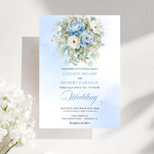 Rustic Pastel Blue White Peony Eucalyptus Gold Wed Invitation
