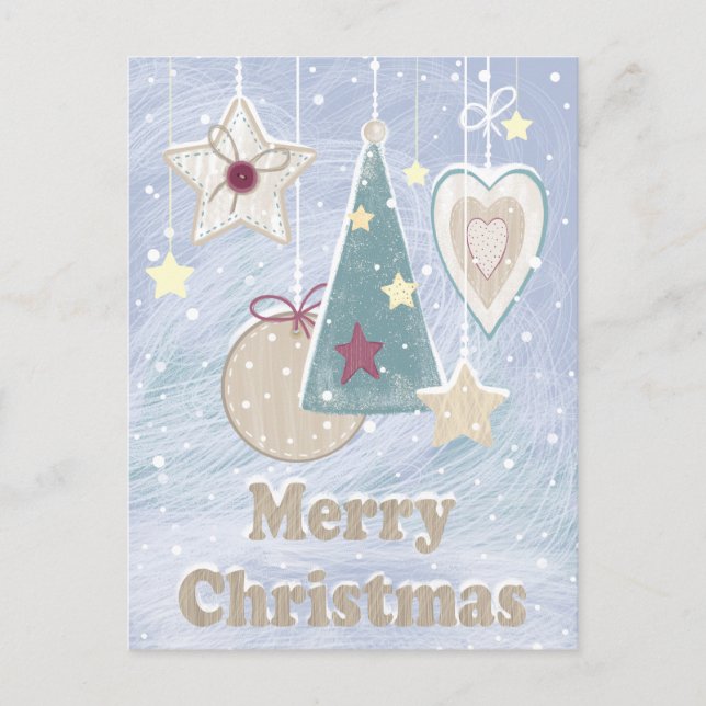 Rustic Pastel Colour Christmas Tree Star and Heart Postcard (Front)