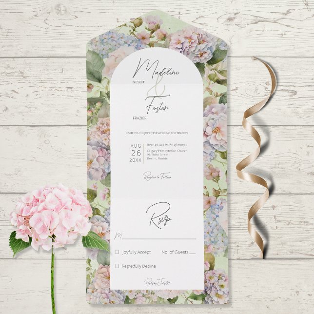 Rustic Pastel Hydrangeas Sage Green Arch No Dinner All In One Invitation (Creator Uploaded)
