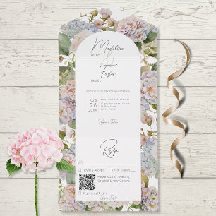 Rustic Pastel Hydrangeas White Arch QR Code All In One Invitation