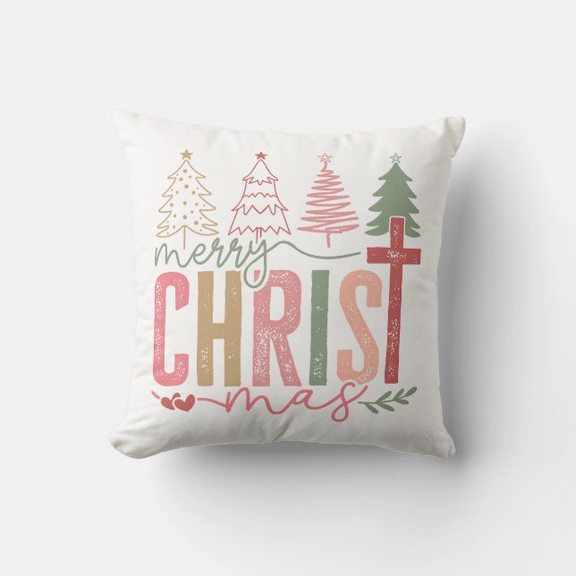 Rustic Pastel Merry Christ mas Tree Throw Pillow (Front)