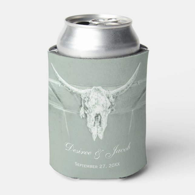 Rustic Pastel Sage Green White Western Cow Skull Can Cooler (Can Front)