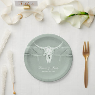 Rustic Pastel Sage Green White Western Cow Skull Paper Plate