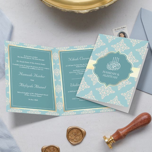 Rustic Pastel Teal Cream Damask Muslim Wedding Invitation (Creator Uploaded)