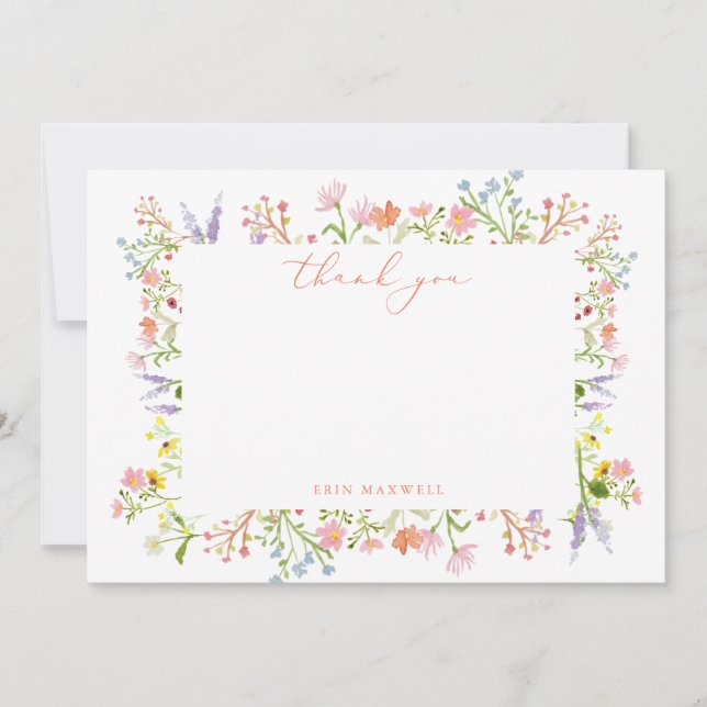 Rustic Pastel Wildflower Frame Bridal Shower Flat Thank You Card (Front)