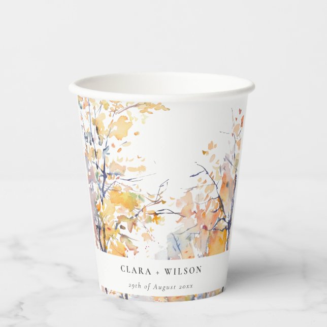 Rustic Pastel Yellow Autumn Fall Landscape Wedding Paper Cups (Front)