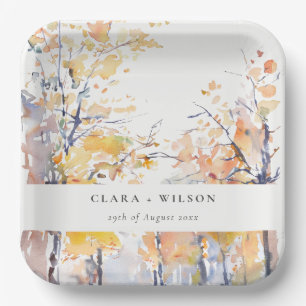 Rustic Pastel Yellow Autumn Fall Landscape Wedding Paper Plate