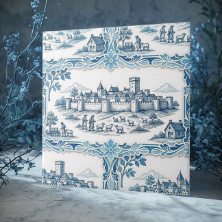 Rustic Pastoral Toile De Jouy Vintage Textile Blue Tile
