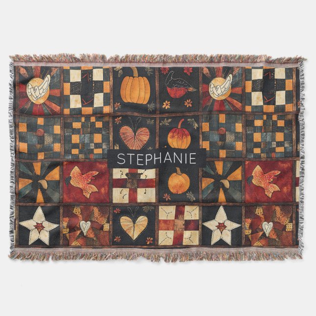 Rustic Patchwork | Folk Art Autumn Quilt Pattern Throw Blanket (Front)