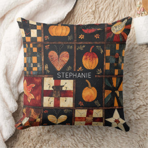 Rustic Patchwork   Folk Art Autumn Quilt Pattern Throw Pillow