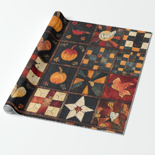 Rustic Patchwork Folk Art Autumn Quilt Pattern Wrapping Paper