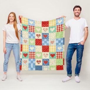 Rustic Patchwork Hearts Picnic Pattern (1) Fleece Blanket