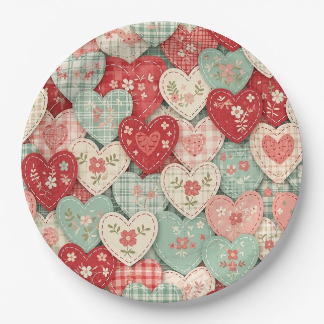 Rustic Patchwork Hearts Picnic Pattern (1) Paper Plate (Front)
