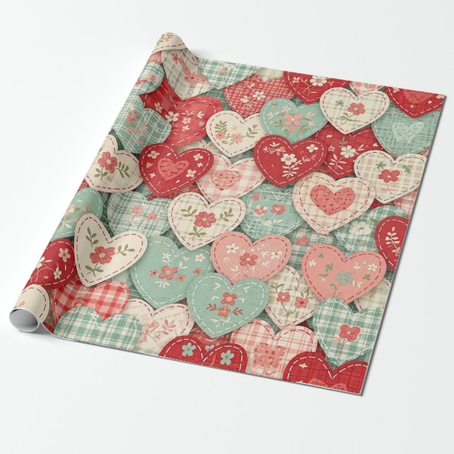 Rustic Patchwork Hearts Picnic Pattern (2) Wrapping Paper (Unrolled)