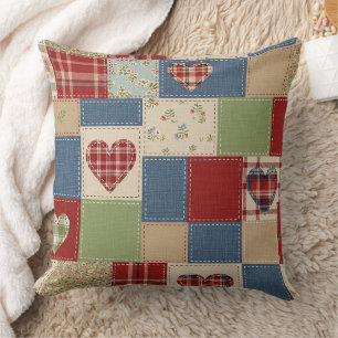 Rustic Patchwork Hearts Picnic Pattern (4) Throw Pillow