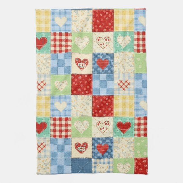 Rustic Patchwork Hearts Picnic Pattern Kitchen Towel (Vertical)