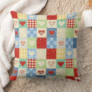 Rustic Patchwork Hearts Picnic Pattern Throw Pillow