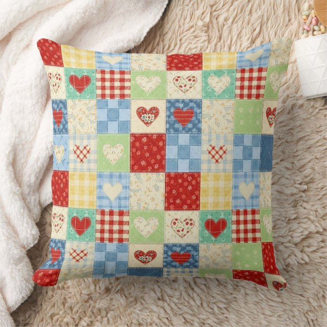 Rustic Patchwork Hearts Picnic Pattern Throw Pillow (Blanket)