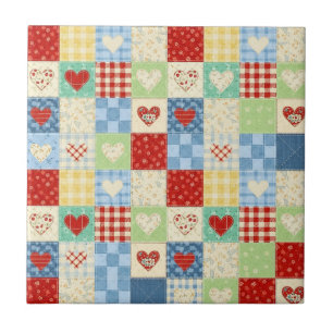 Rustic Patchwork Hearts Picnic Pattern Tile