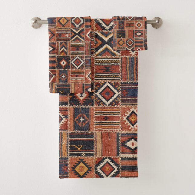 Rustic Patchwork Kilim Geometric Tapestry Bath Towel Set (Insitu)