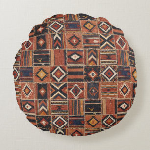 Rustic Patchwork Kilim Geometric Tapestry Round Pillow