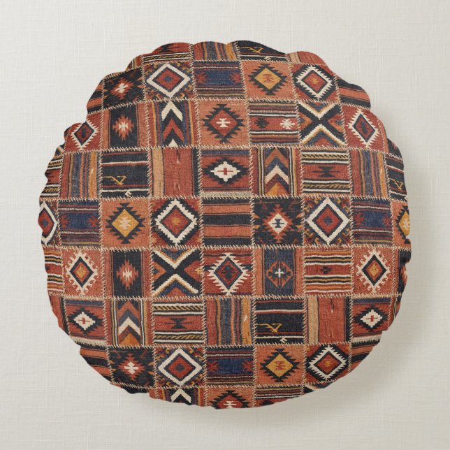 Rustic Patchwork Kilim Geometric Tapestry Round Pillow (Front)