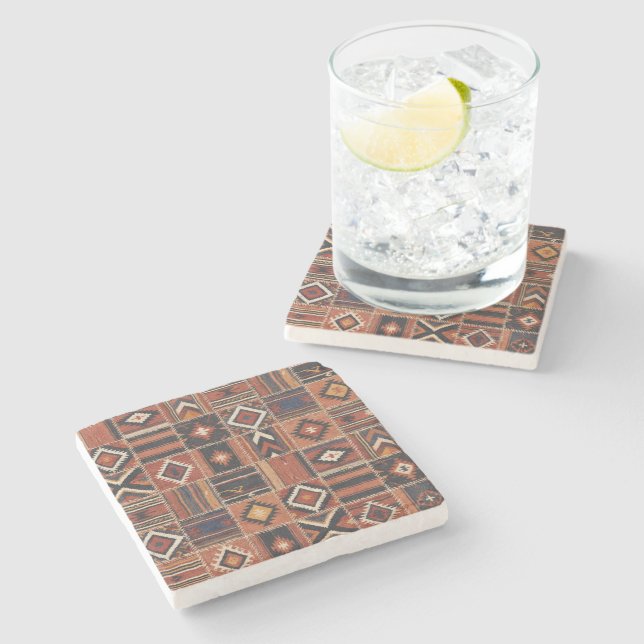 Rustic Patchwork Kilim Geometric Tapestry Stone Coaster (Side)