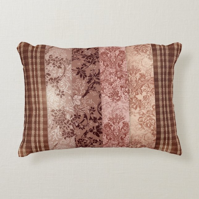 Rustic Patchwork Plaid and Floral Damask Accent Pillow (Front)