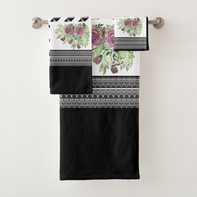 Rustic, patchwork, roses, geometric, patchwork, ap bath towel set (Insitu)