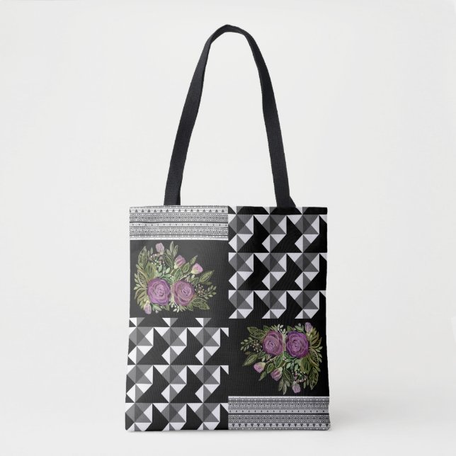Rustic, patchwork, roses tote bag (Front)