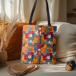 Rustic Patchwork Tote with Floral & Autumn Leaves Bag