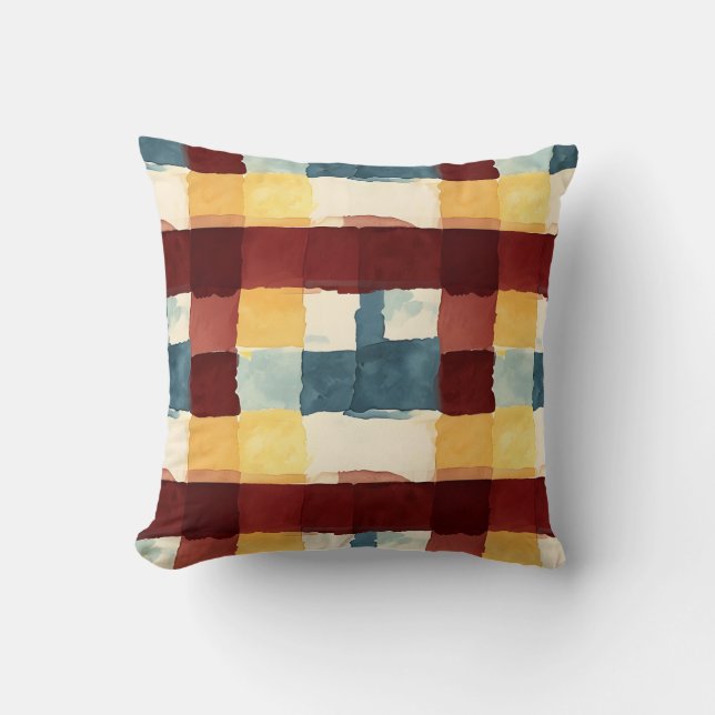 Rustic Patchwork Watercolor Throw Pillow (Front)