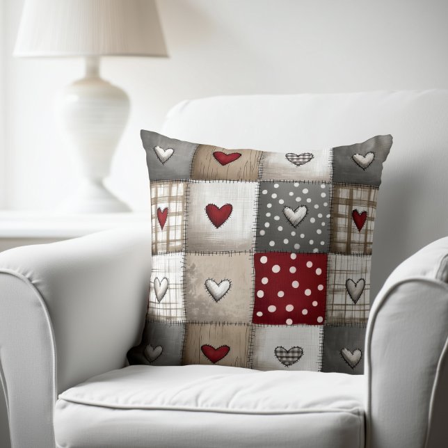 Rustic Patchwork with Hearts Throw Pillow (Creator Uploaded)